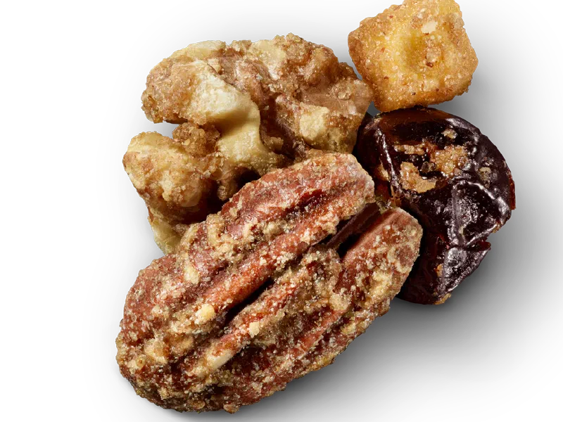 Glazed pecans, walnuts, dried cherries, and dried apples with a maple cinnamon coating.