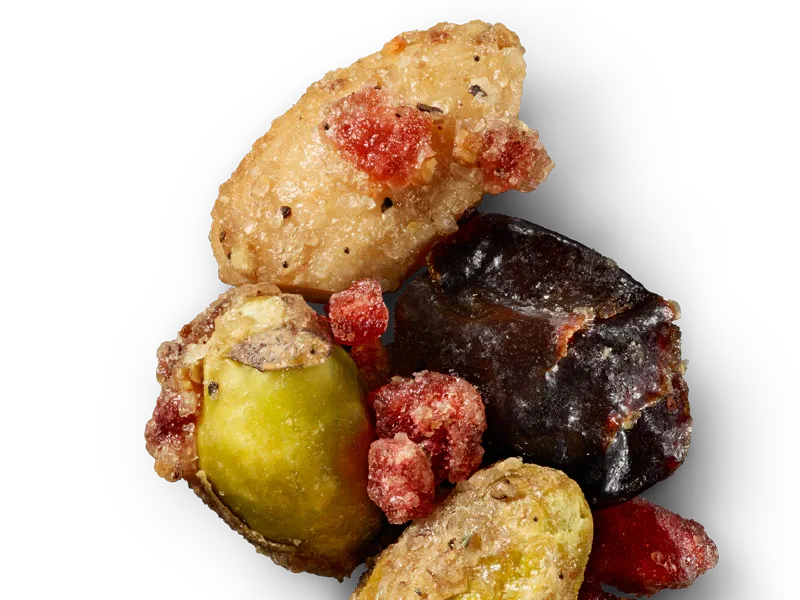 Glazed pistachios, almonds, dried cherries, and pomegranate fruit pieces.